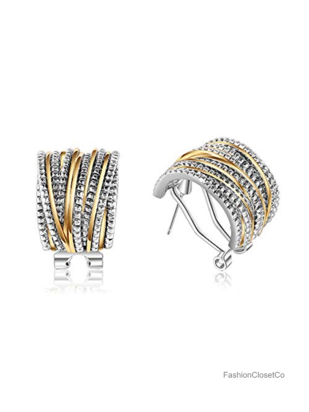 Two Tone Gold and Silver Plated Crossover Half Hoop Earrings